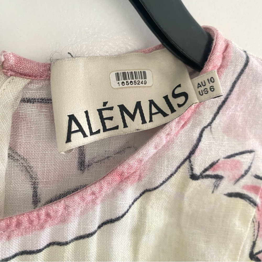 Alemais | Cream Midi Dress with Pastel Pink Trim and Tropical Print - sz 6 (us) - Picture 7 of 11
